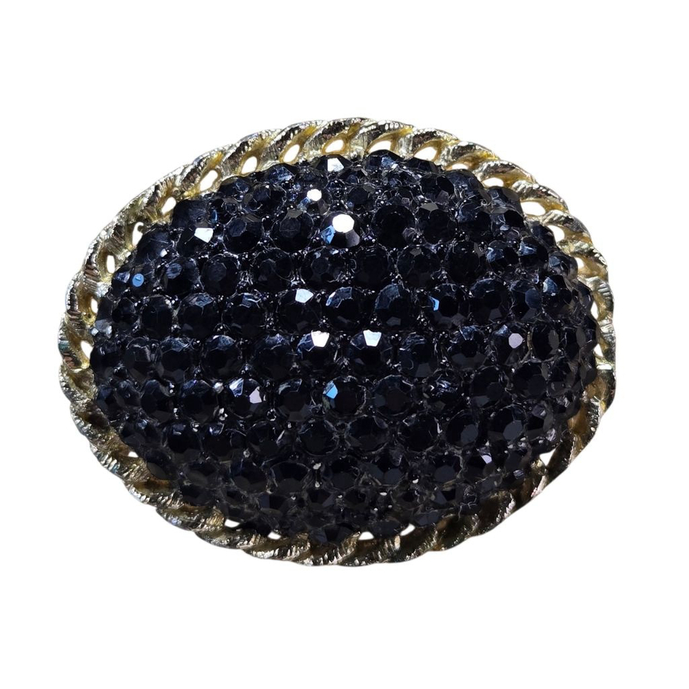 Vintage Brooch Women's Mourning Pin Black Rhinestone Goldtone Oval Sparkle